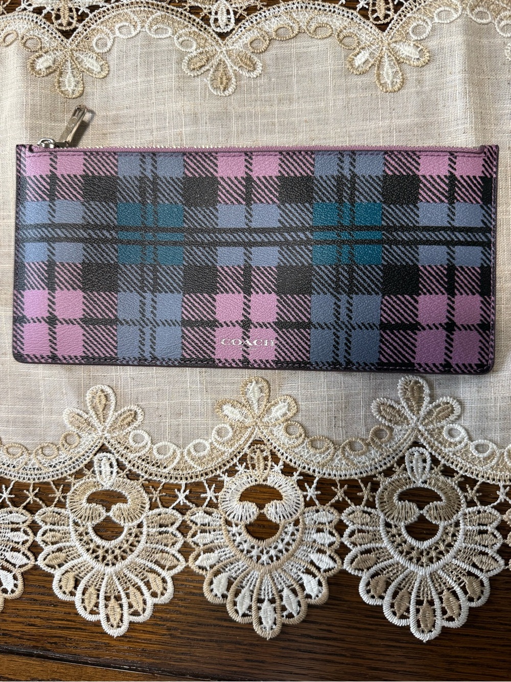 Coach Pink and Blue Plaid Zip Wallet